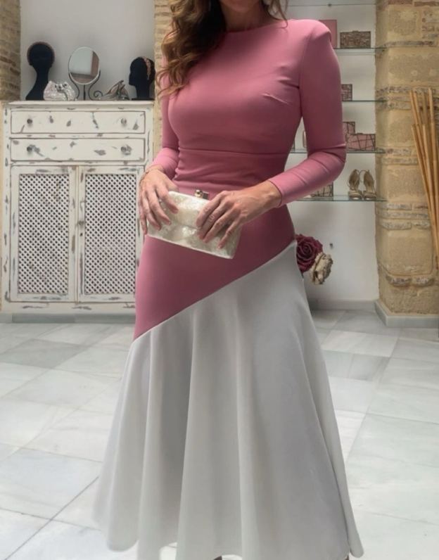 Dusty Pink & White Asymmetric Midi Dress with Long Sleeves