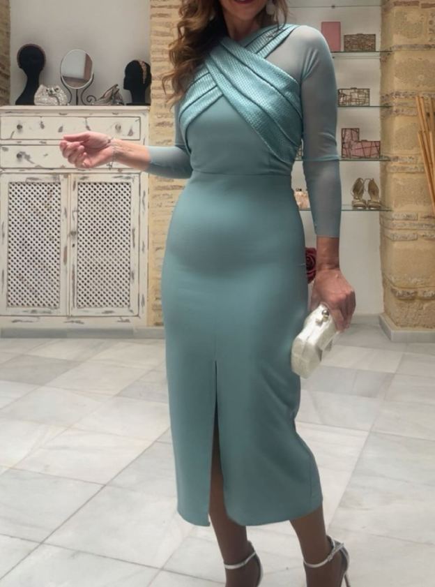[Copy]Dusty Pink & White Asymmetric Midi Dress with Long Sleeves