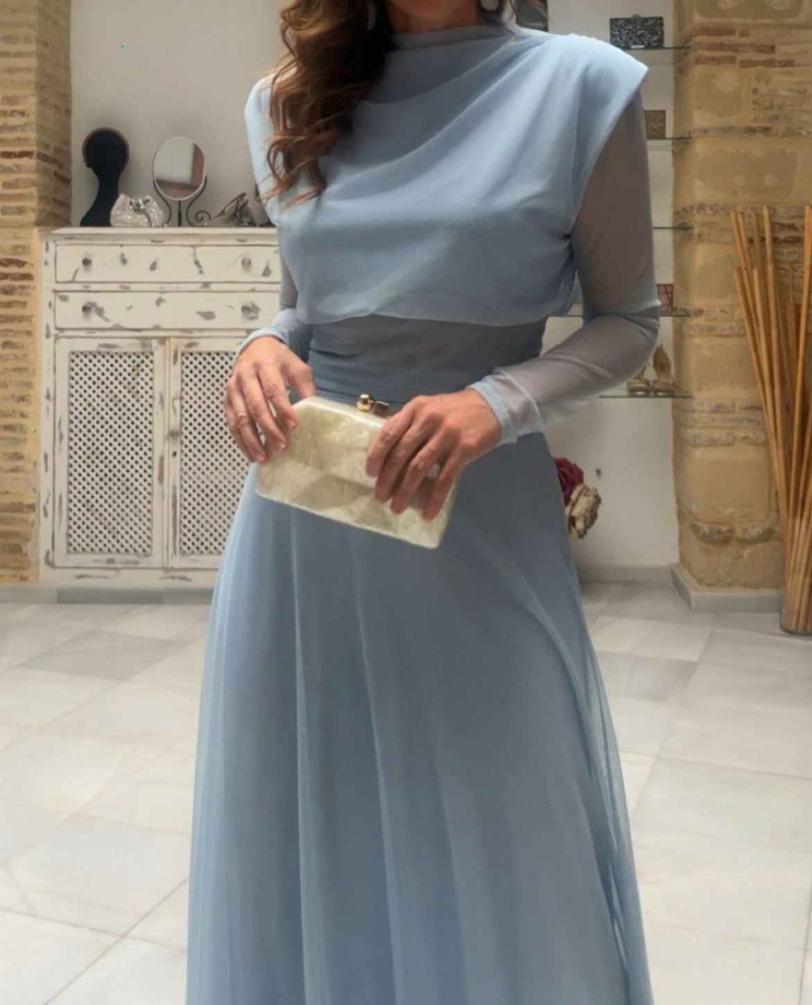 [Copy]Dusty Blue Midi Dress with Cross-Over Textured Bodice & Sheer Sleeves