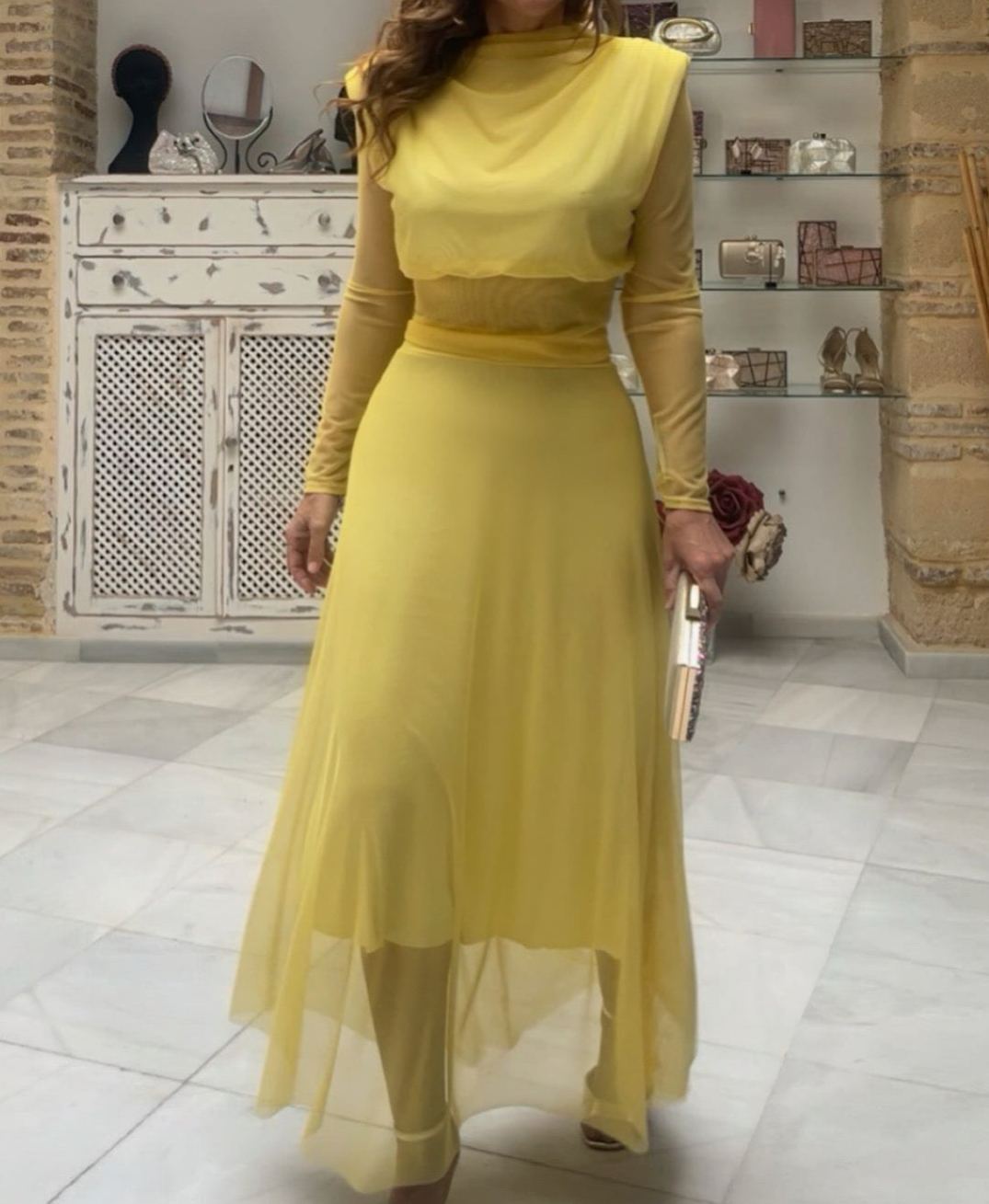 [Copy]Dusty Blue Midi Dress with Cross-Over Textured Bodice & Sheer Sleeves
