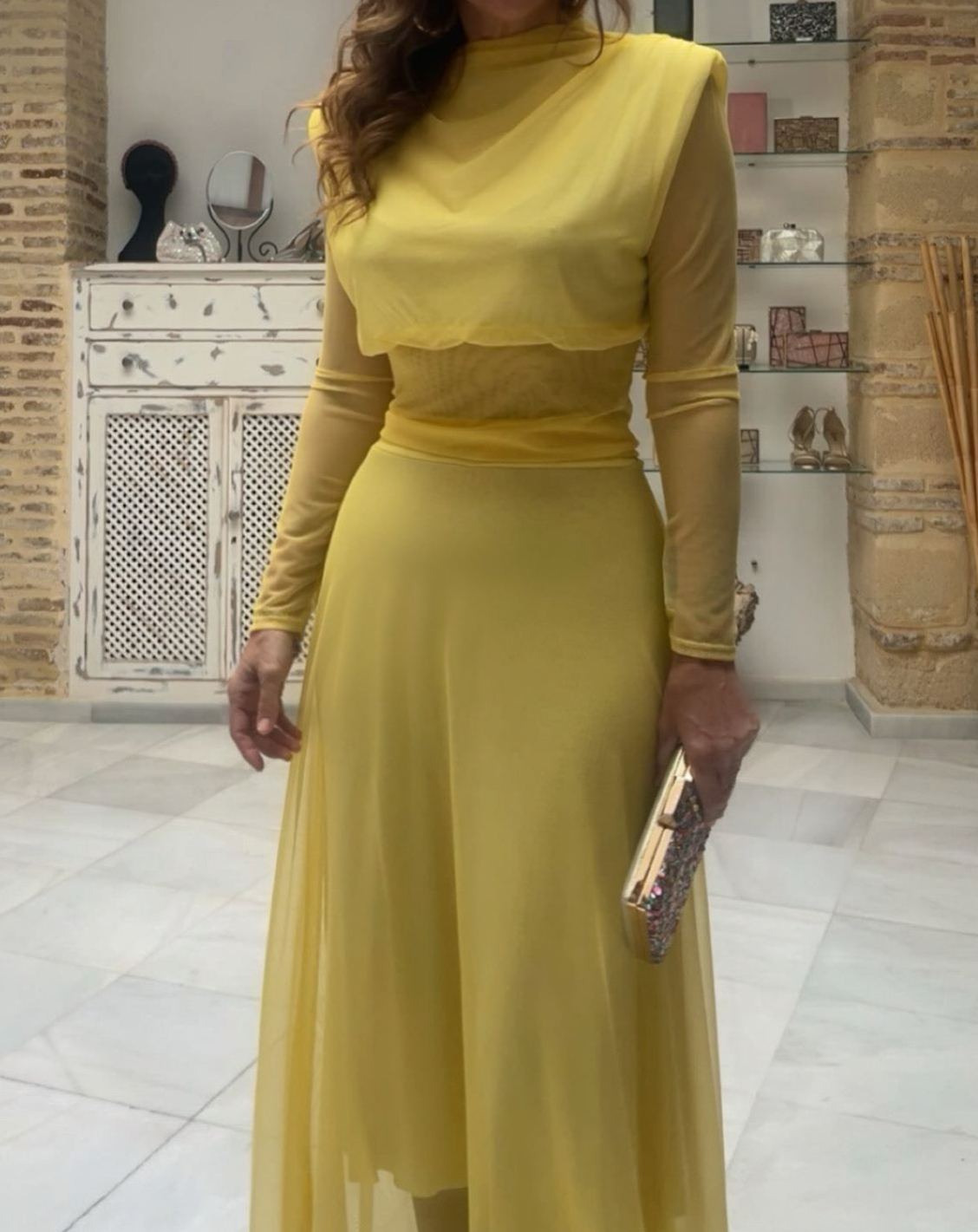 [Copy]Dusty Blue Midi Dress with Cross-Over Textured Bodice & Sheer Sleeves