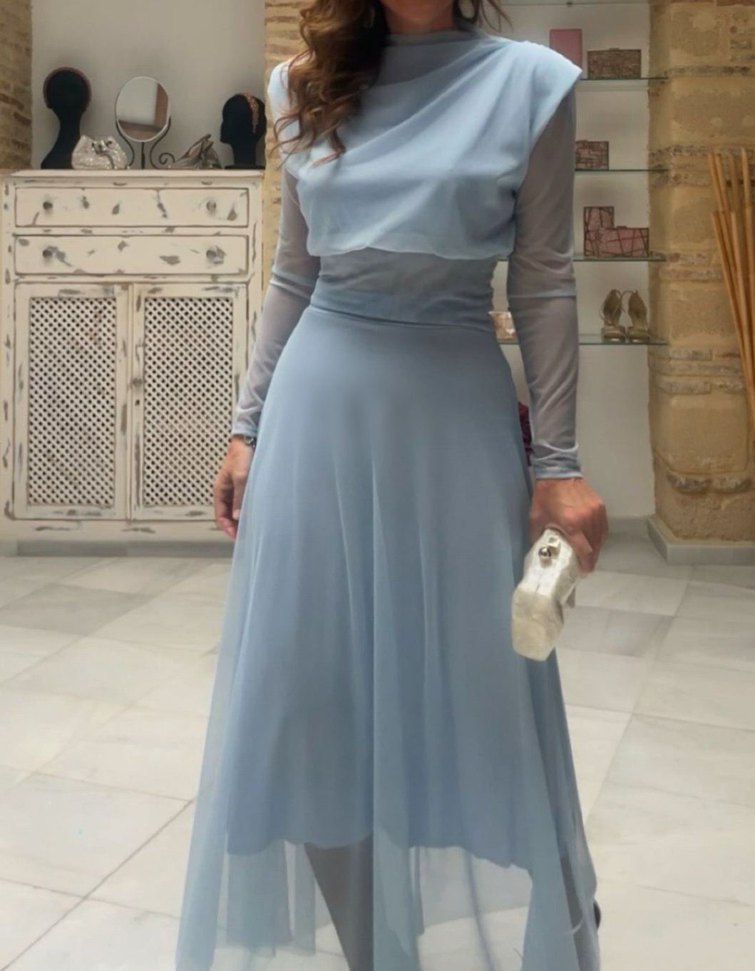 [Copy]Dusty Blue Midi Dress with Cross-Over Textured Bodice & Sheer Sleeves