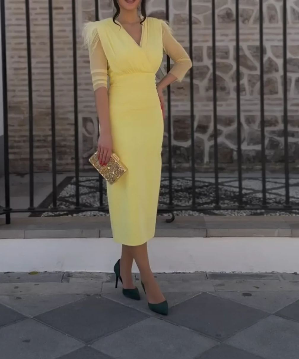 [Copy]Ivory Satin Midi Dress with Sheer Puff Sleeves & Square Neckline