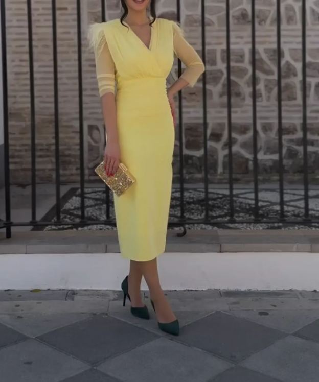 [Copy]Ivory Satin Midi Dress with Sheer Puff Sleeves & Square Neckline