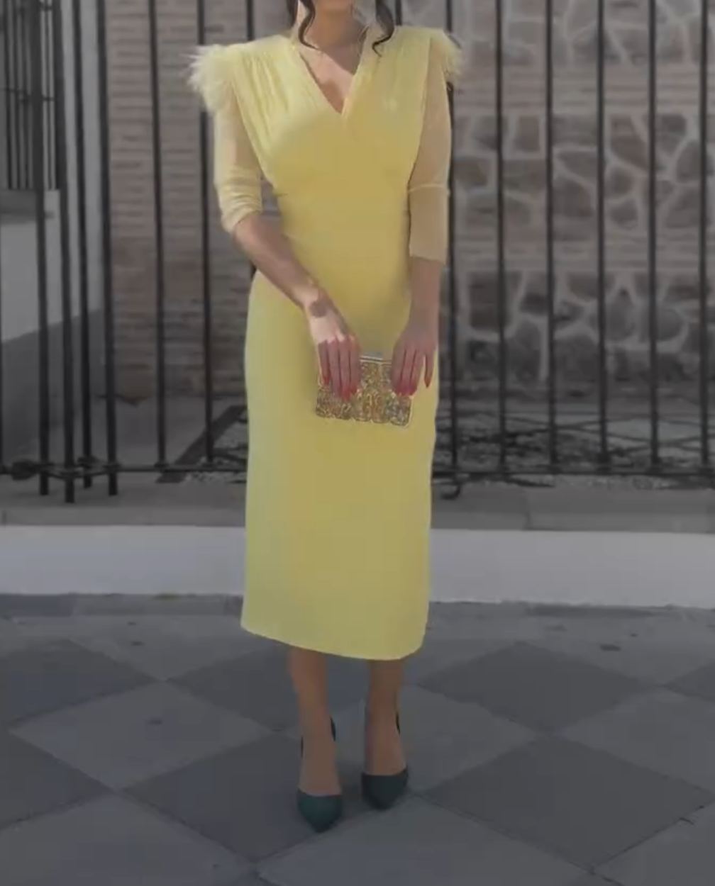 [Copy]Ivory Satin Midi Dress with Sheer Puff Sleeves & Square Neckline