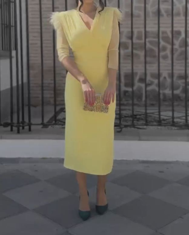 [Copy]Ivory Satin Midi Dress with Sheer Puff Sleeves & Square Neckline