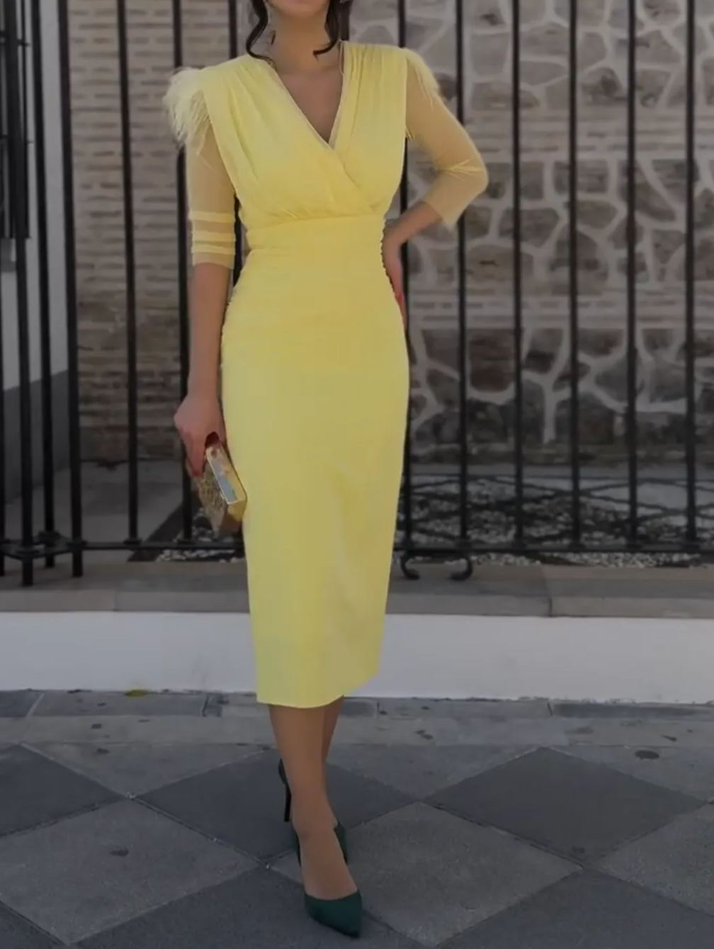 [Copy]Ivory Satin Midi Dress with Sheer Puff Sleeves & Square Neckline