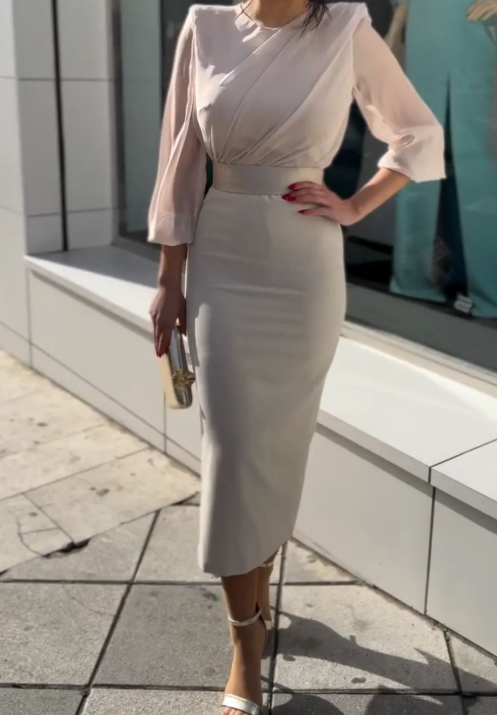 [Copy]Lemon Yellow Midi Dress with Feather Shoulder Detail & Sheer Sleeves