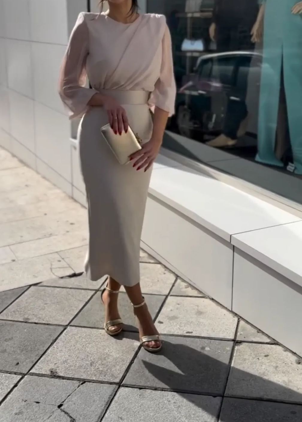 [Copy]Lemon Yellow Midi Dress with Feather Shoulder Detail & Sheer Sleeves