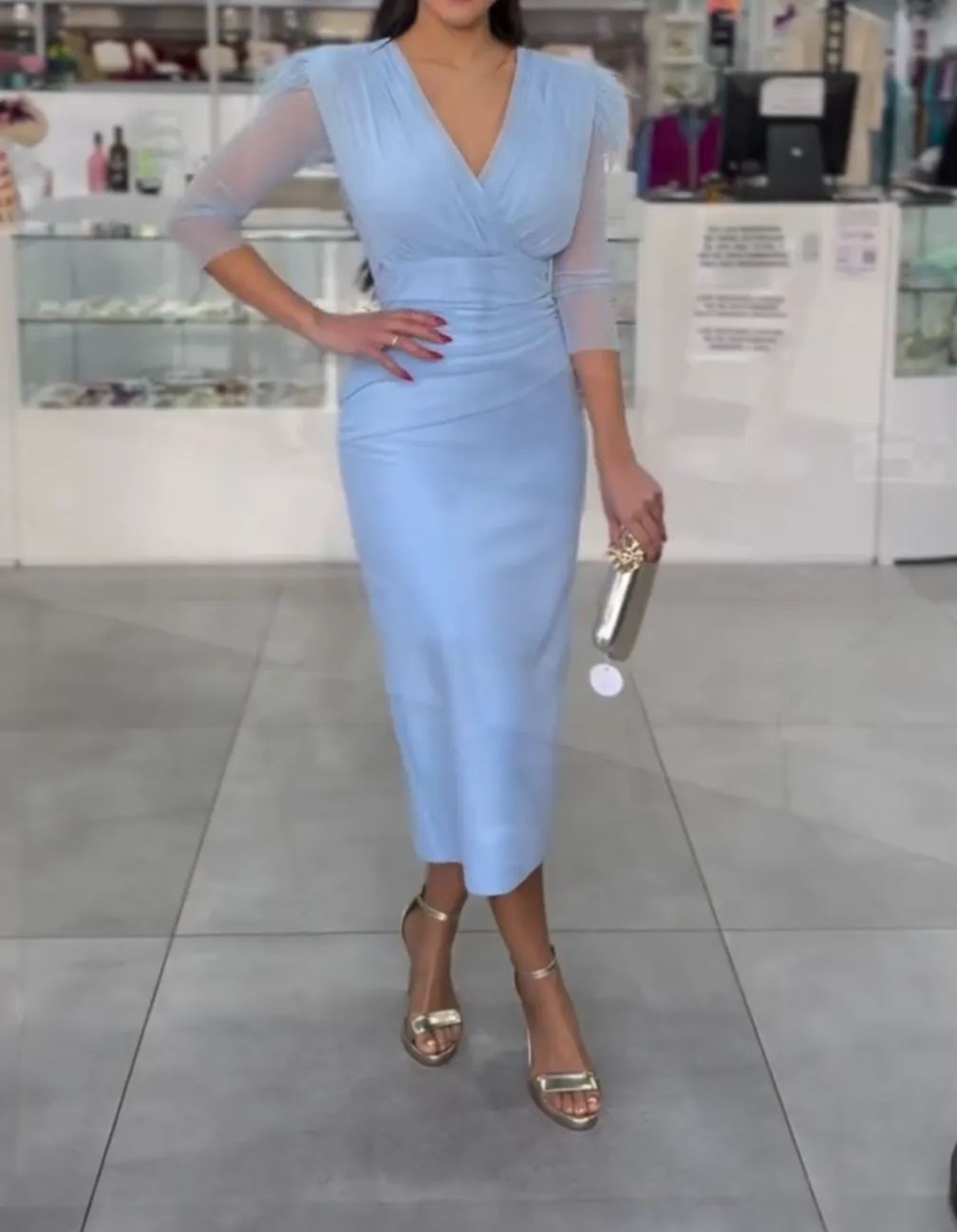 [Copy]Dusty Blue Sleeveless Midi Dress with Ruched Bodice & Detachable Sheer Sleeve