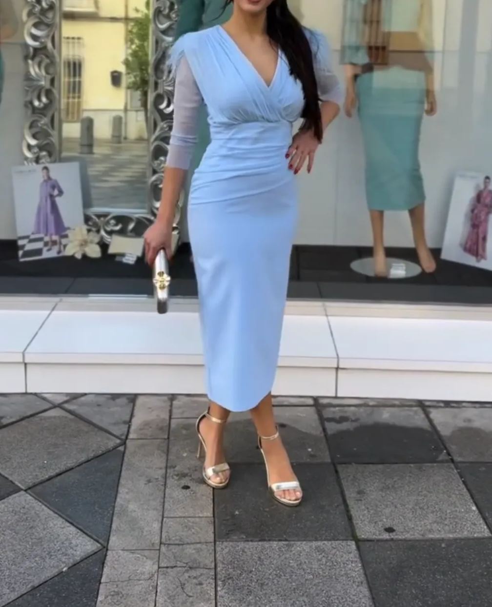 [Copy]Dusty Blue Sleeveless Midi Dress with Ruched Bodice & Detachable Sheer Sleeve