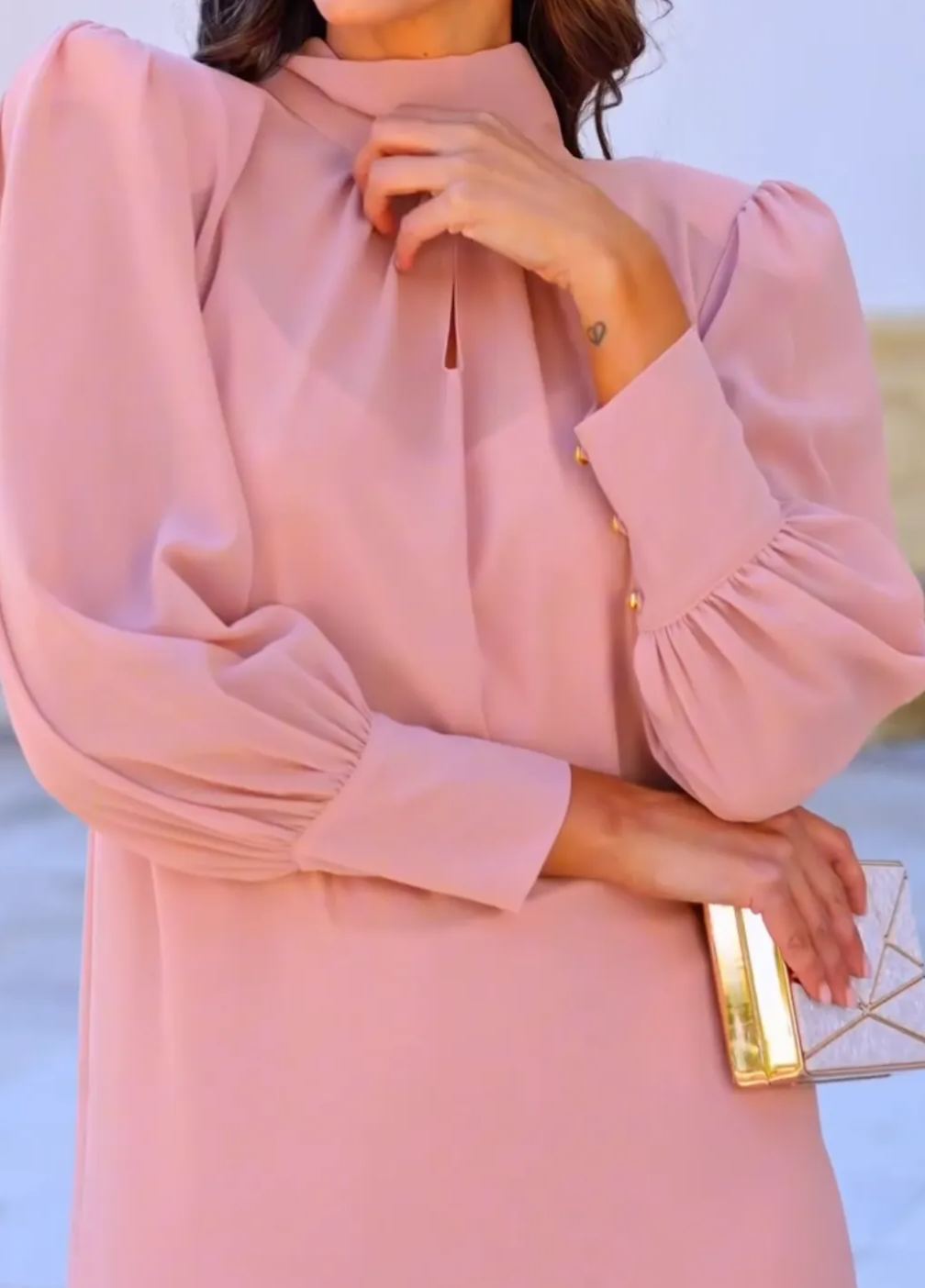 [Copy]Dusty Pink Midi Dress with Feather Shoulder Detail & Sheer 3/4 Sleeves