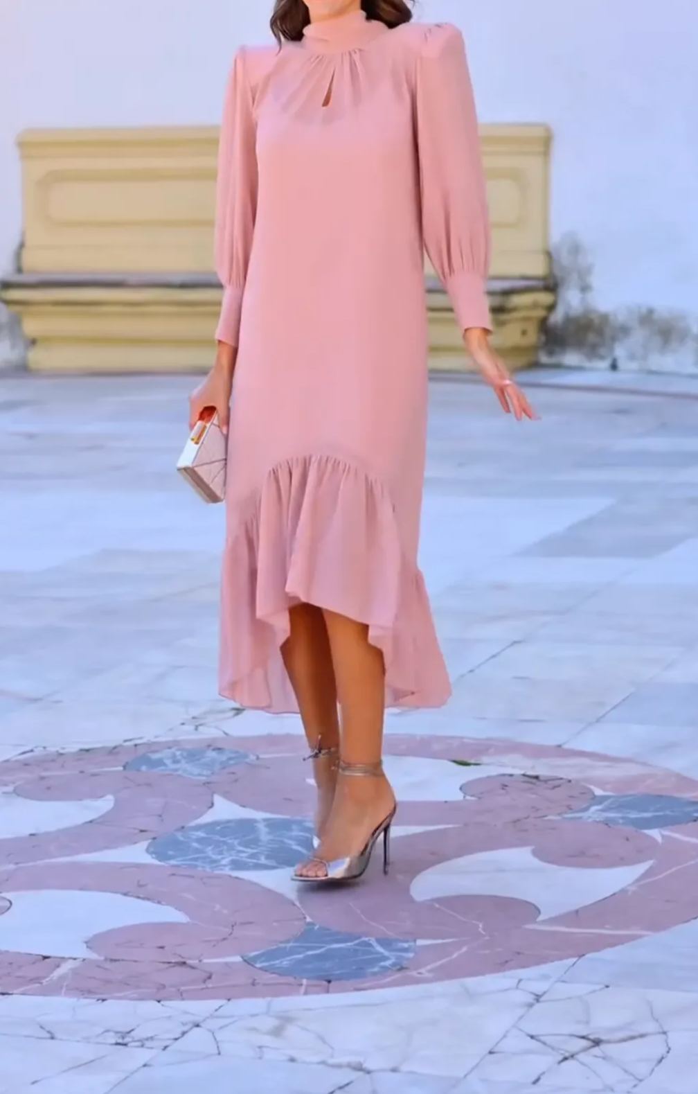 [Copy]Dusty Pink Midi Dress with Feather Shoulder Detail & Sheer 3/4 Sleeves