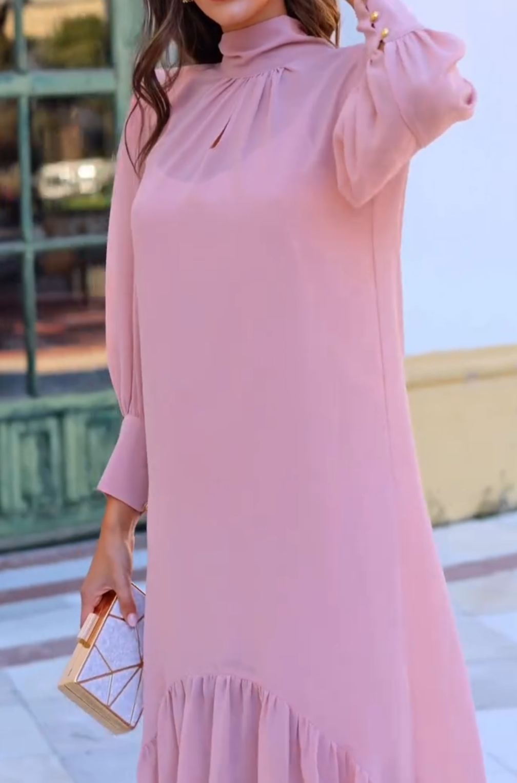 [Copy]Dusty Pink Midi Dress with Feather Shoulder Detail & Sheer 3/4 Sleeves