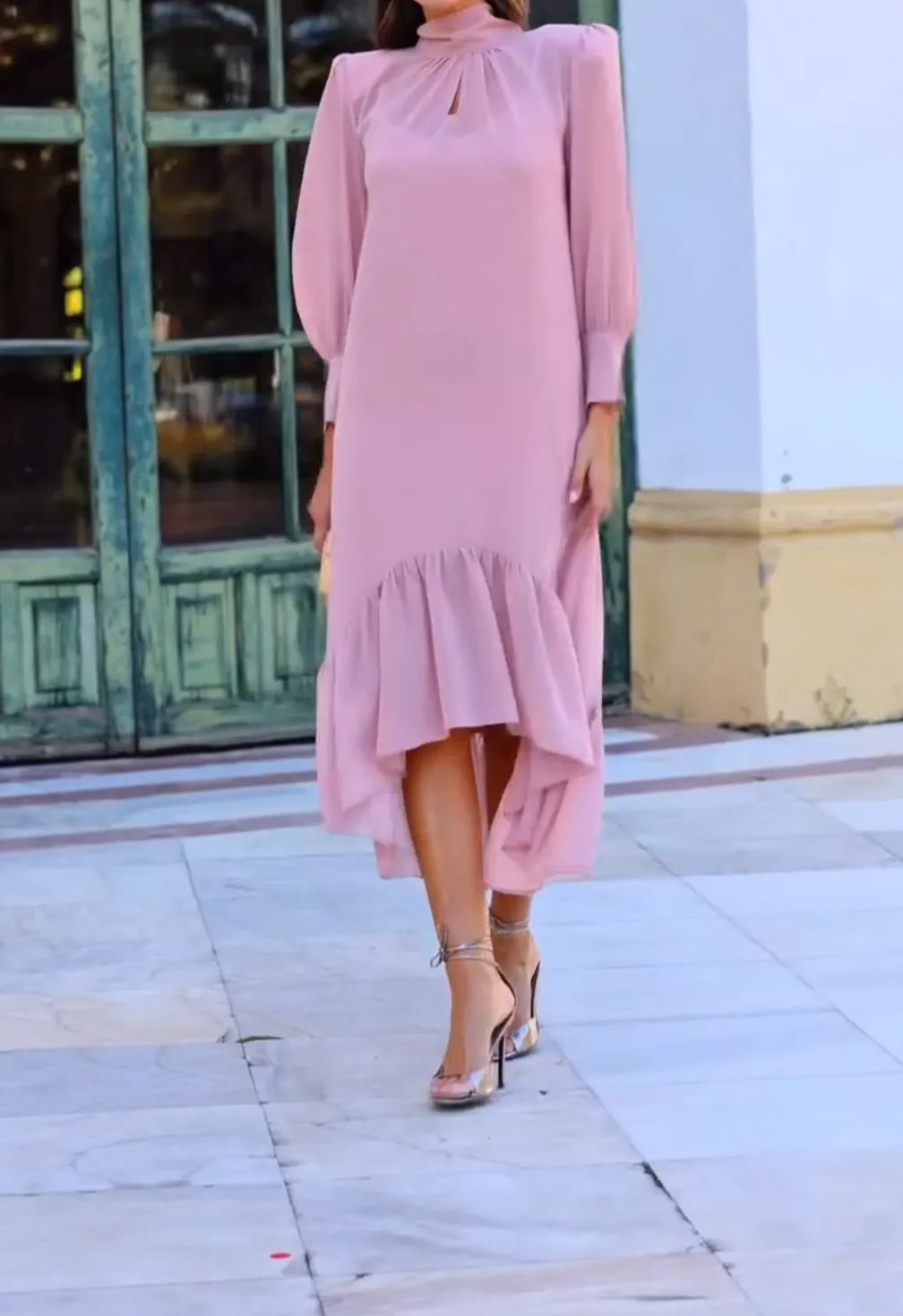 [Copy]Dusty Pink Midi Dress with Feather Shoulder Detail & Sheer 3/4 Sleeves