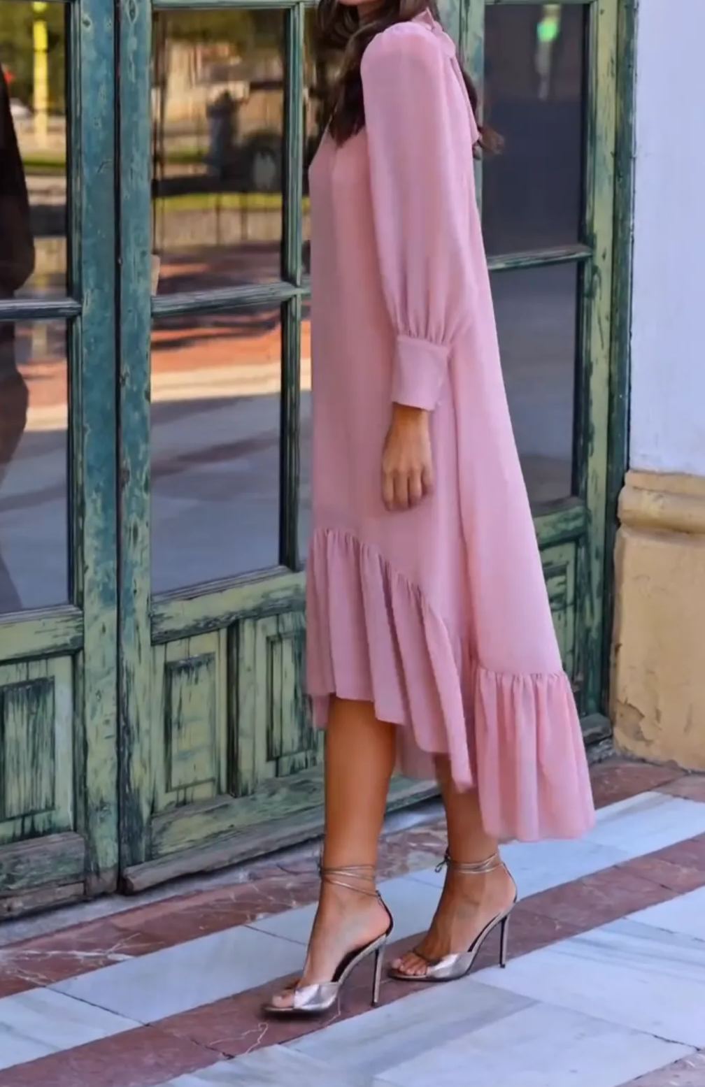[Copy]Dusty Pink Midi Dress with Feather Shoulder Detail & Sheer 3/4 Sleeves