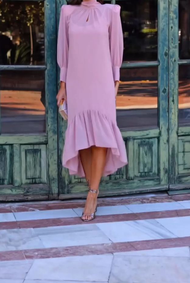 [Copy]Dusty Pink Midi Dress with Feather Shoulder Detail & Sheer 3/4 Sleeves