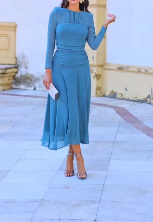 [Copy]Dusty Pink Mock Neck Midi Dress with Puff Sleeves & Ruffled Hem