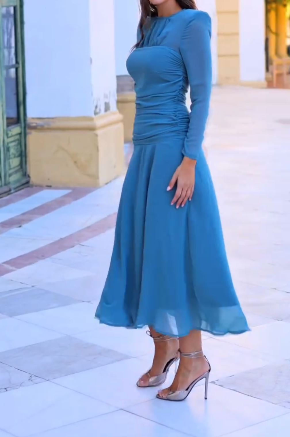 [Copy]Dusty Pink Mock Neck Midi Dress with Puff Sleeves & Ruffled Hem