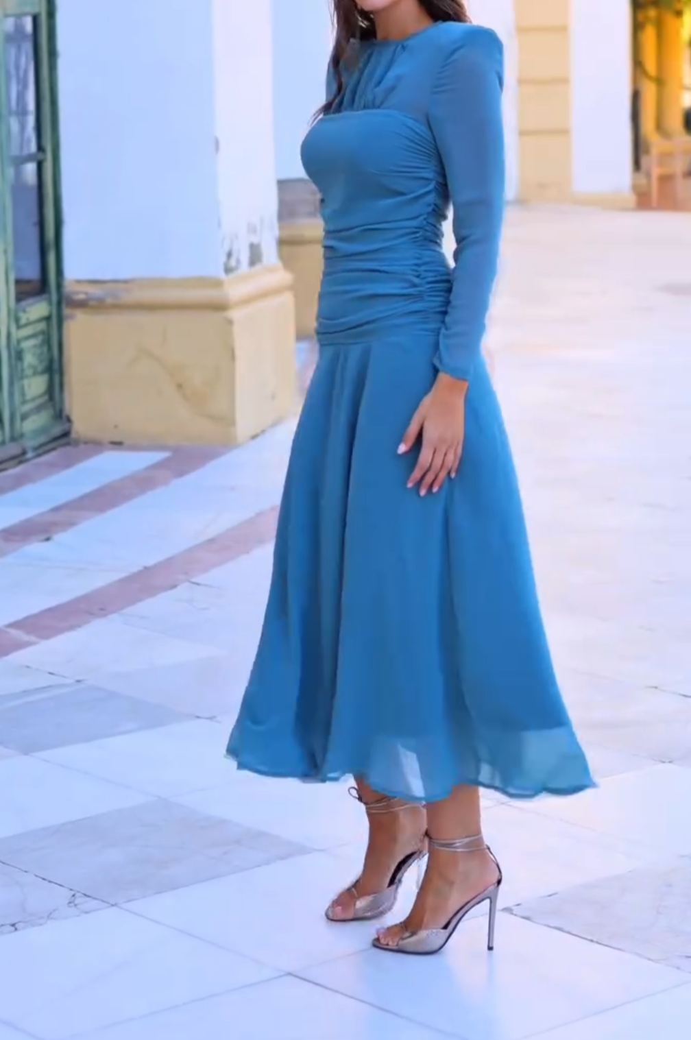 [Copy]Dusty Pink Mock Neck Midi Dress with Puff Sleeves & Ruffled Hem