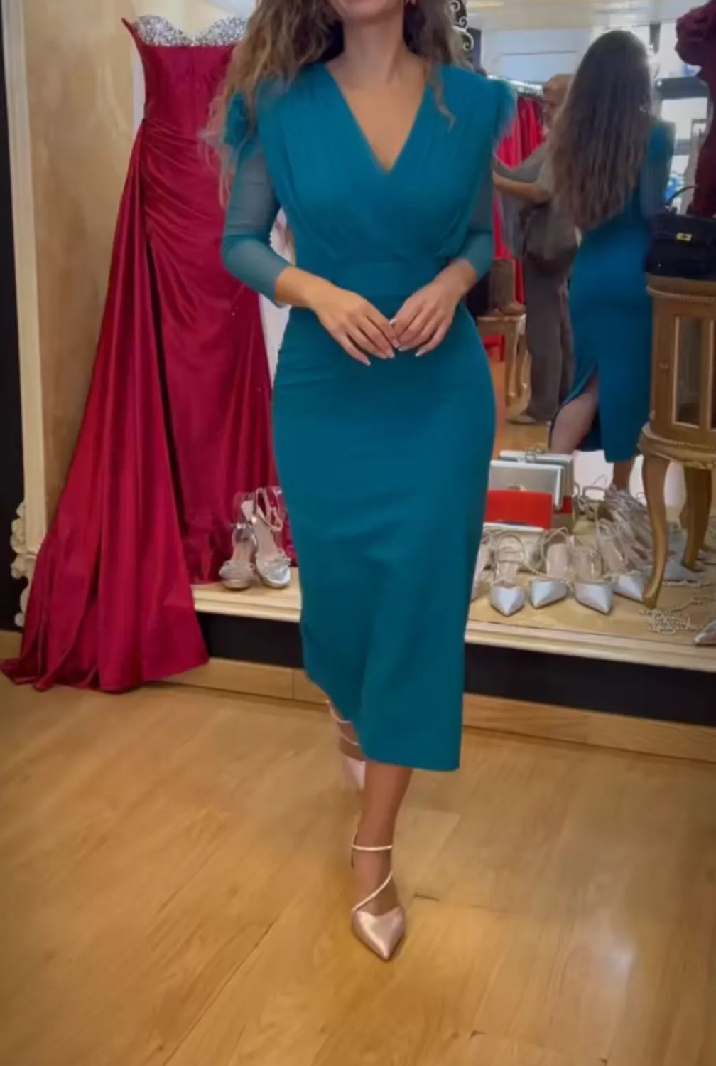 [Copy]Teal Blue Ruched Midi Dress with Long Sheer Sleeves & Flowy Skirt