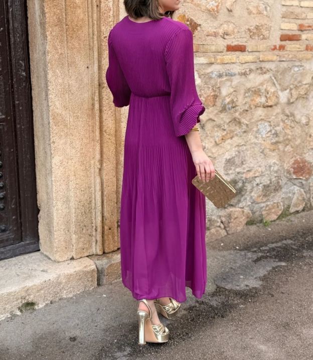 [Copy]Dusty Pink Midi Dress with Sheer Mesh Sleeves & Ruched Bodice