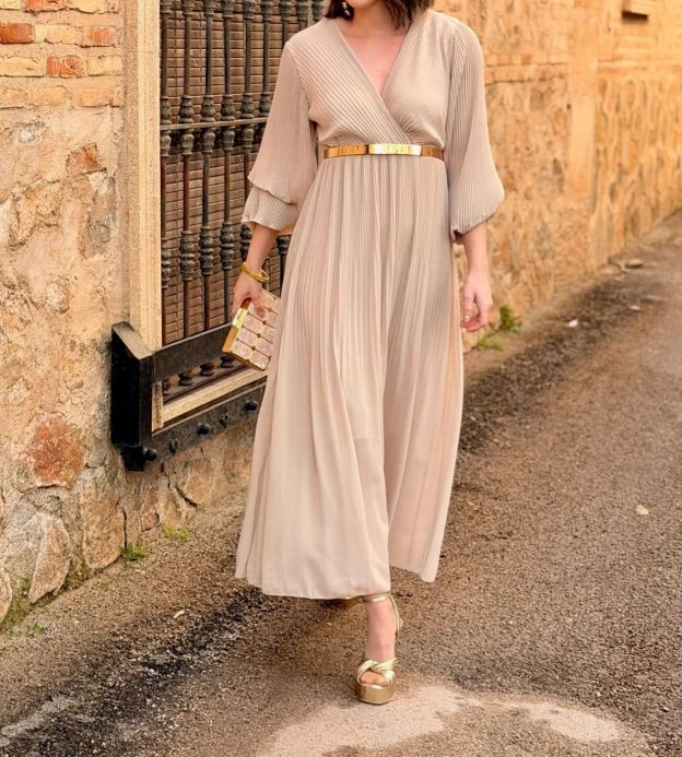 [Copy]Dusty Pink Midi Dress with Sheer Mesh Sleeves & Ruched Bodice