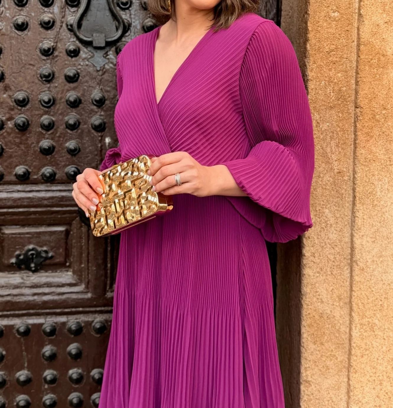 [Copy]Dusty Pink Midi Dress with Sheer Mesh Sleeves & Ruched Bodice