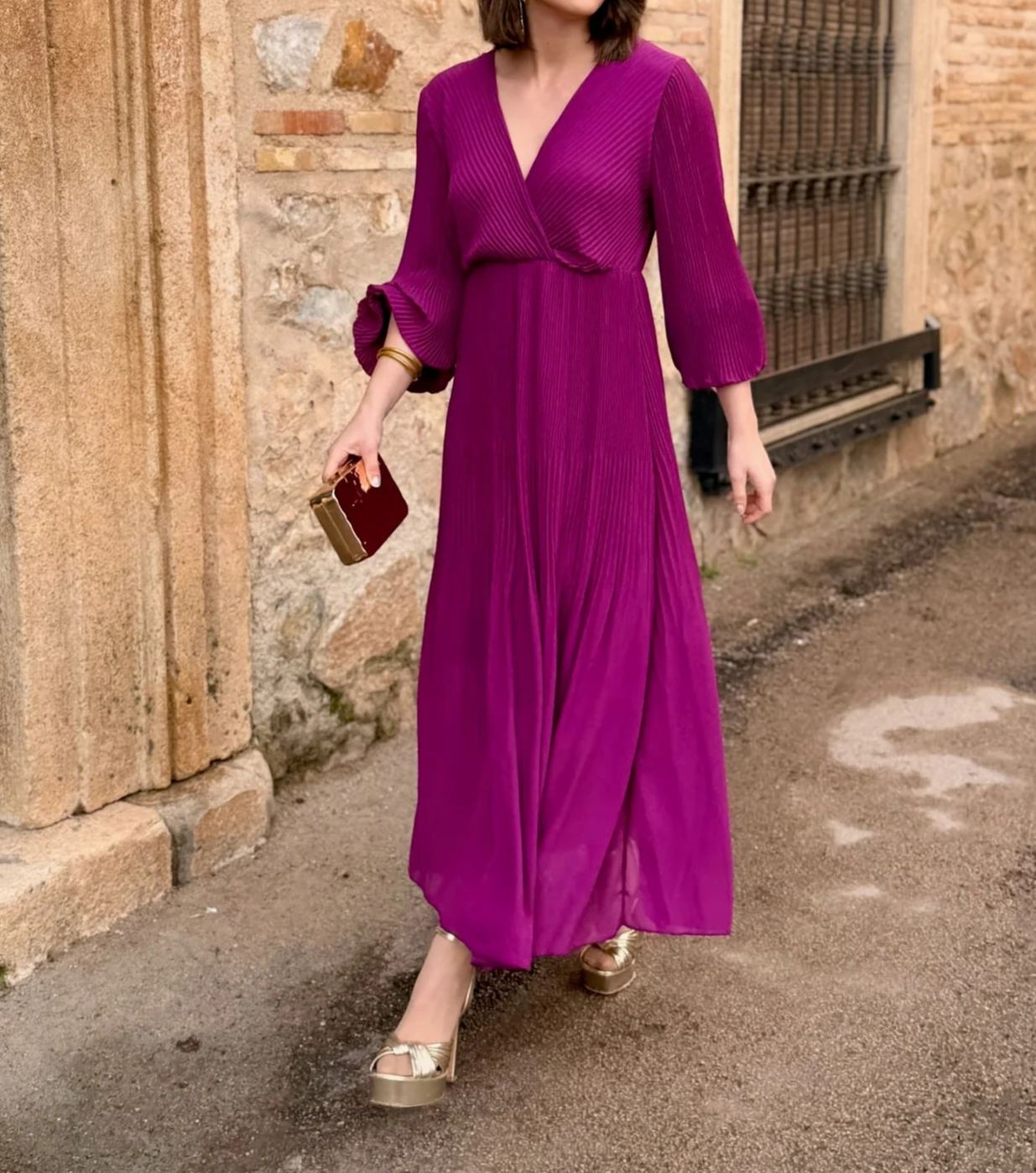 [Copy]Dusty Pink Midi Dress with Sheer Mesh Sleeves & Ruched Bodice