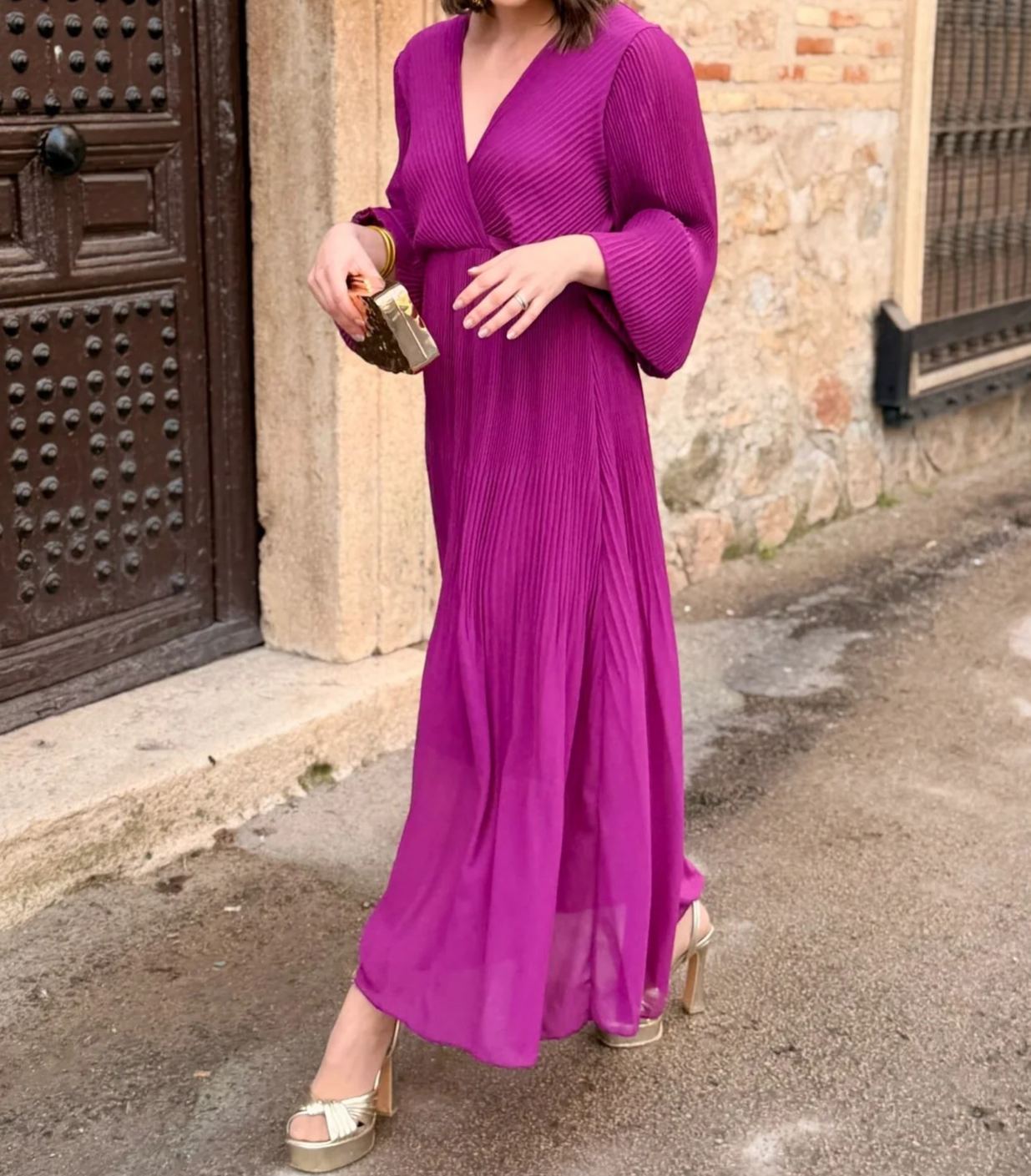 [Copy]Dusty Pink Midi Dress with Sheer Mesh Sleeves & Ruched Bodice