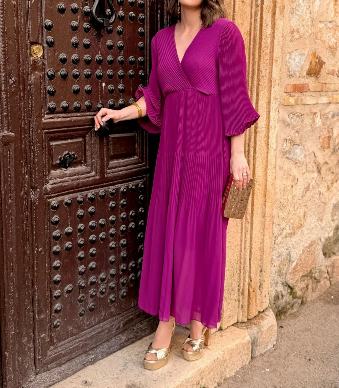 [Copy]Dusty Pink Midi Dress with Sheer Mesh Sleeves & Ruched Bodice