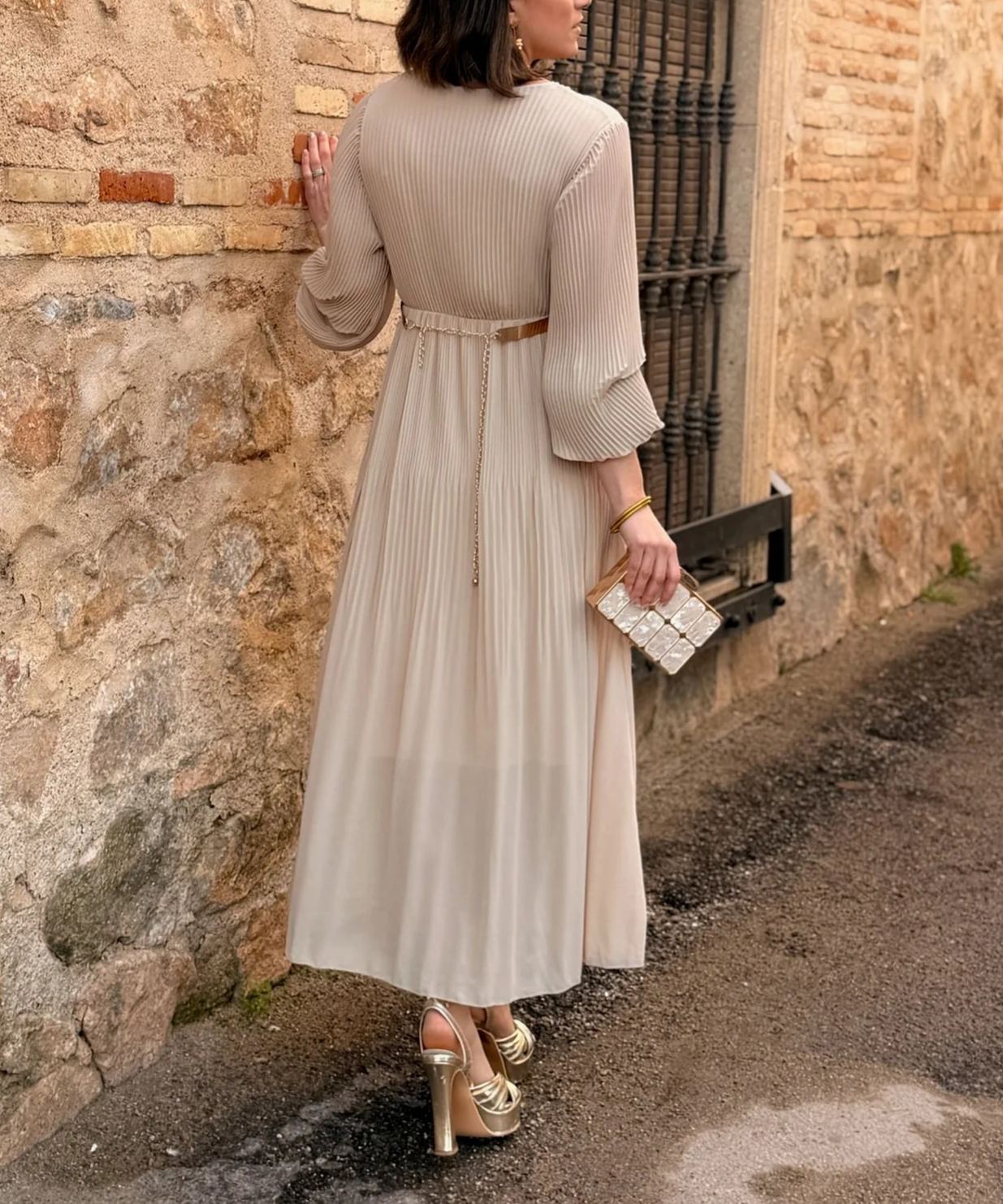 [Copy]Dusty Pink Midi Dress with Sheer Mesh Sleeves & Ruched Bodice