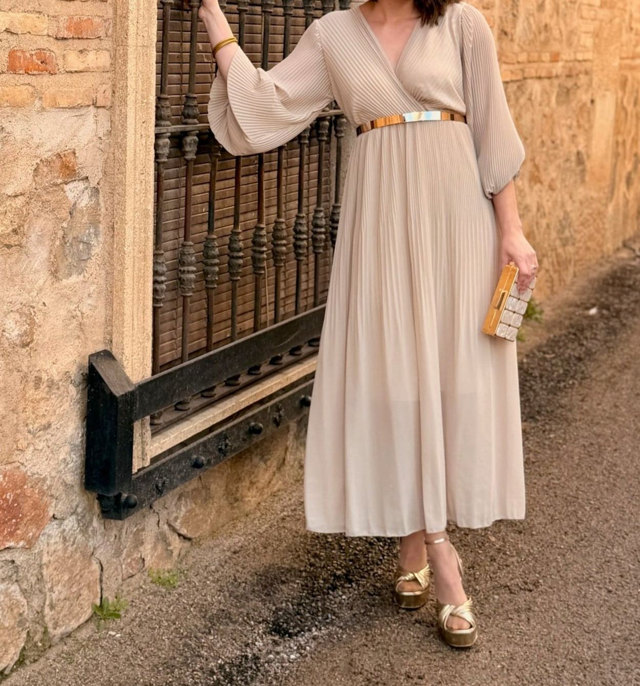 [Copy]Dusty Pink Midi Dress with Sheer Mesh Sleeves & Ruched Bodice