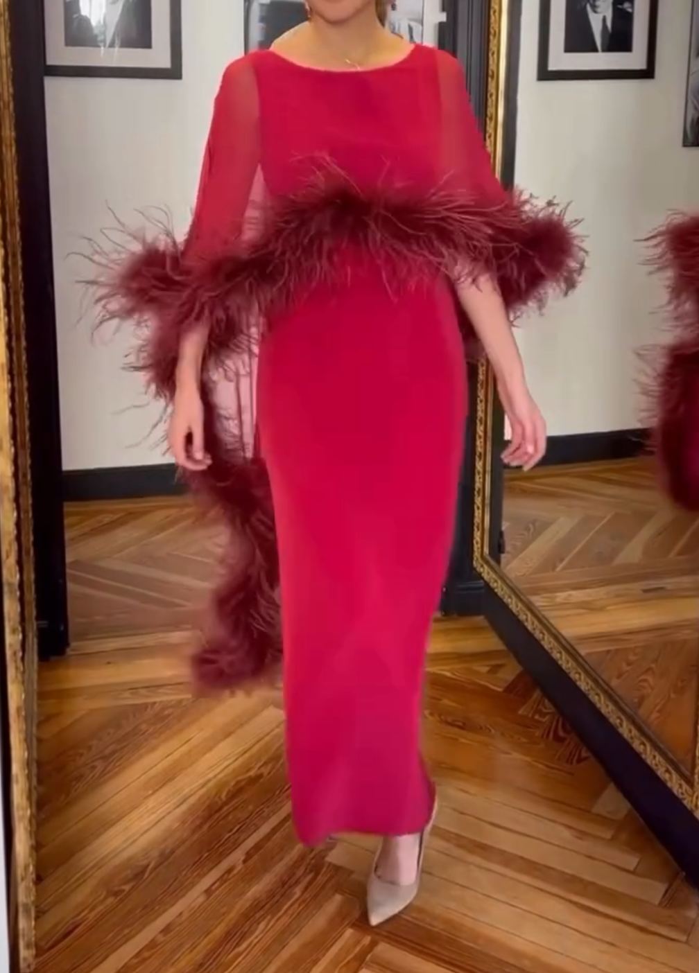 [Copy]Pleated Maxi Dress with Gold Belt & Flared Sleeves