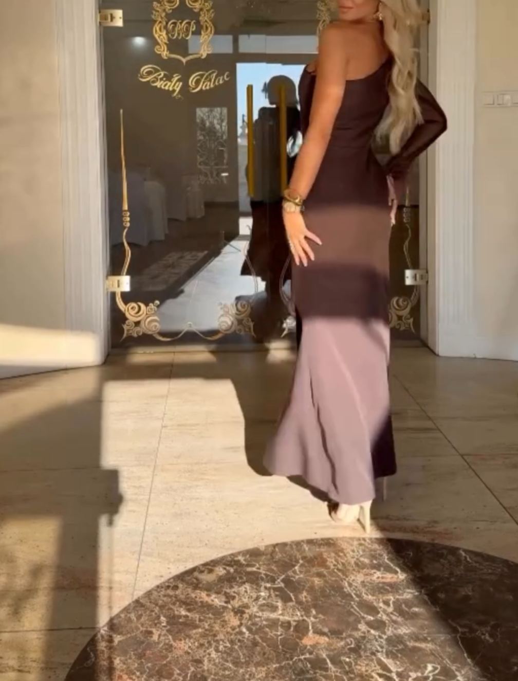 [Copy]Champagne Sheer Blouse with Floral Applique & Chocolate Brown Satin Maxi Skirt Set