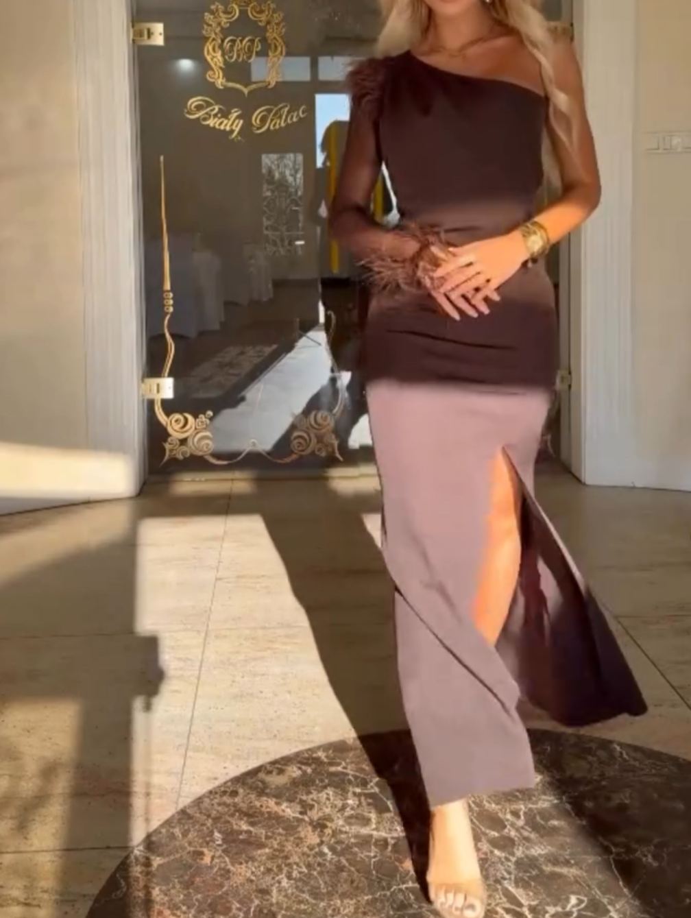 [Copy]Champagne Sheer Blouse with Floral Applique & Chocolate Brown Satin Maxi Skirt Set