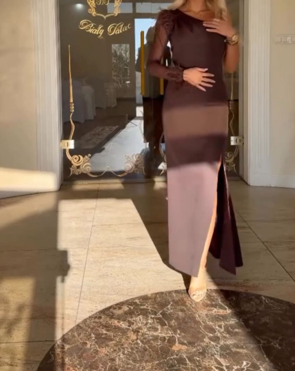 [Copy]Champagne Sheer Blouse with Floral Applique & Chocolate Brown Satin Maxi Skirt Set