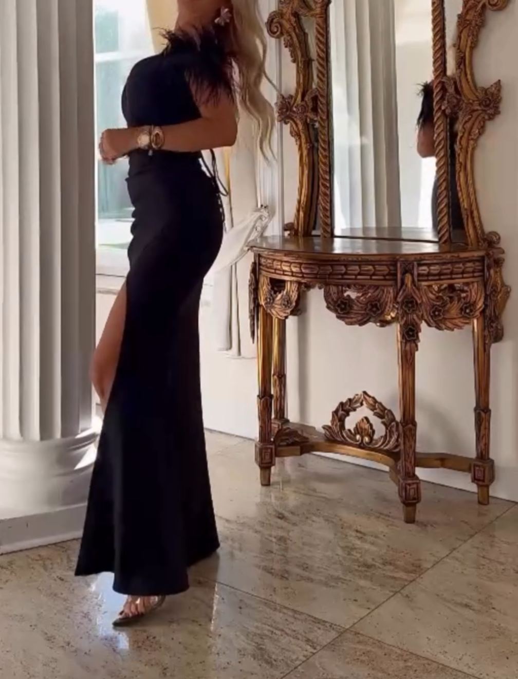 [Copy]Navy Blue One-Shoulder Maxi Dress with Feather Detail & Sheer Mesh Panel