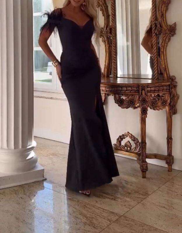 [Copy]Navy Blue One-Shoulder Maxi Dress with Feather Detail & Sheer Mesh Panel