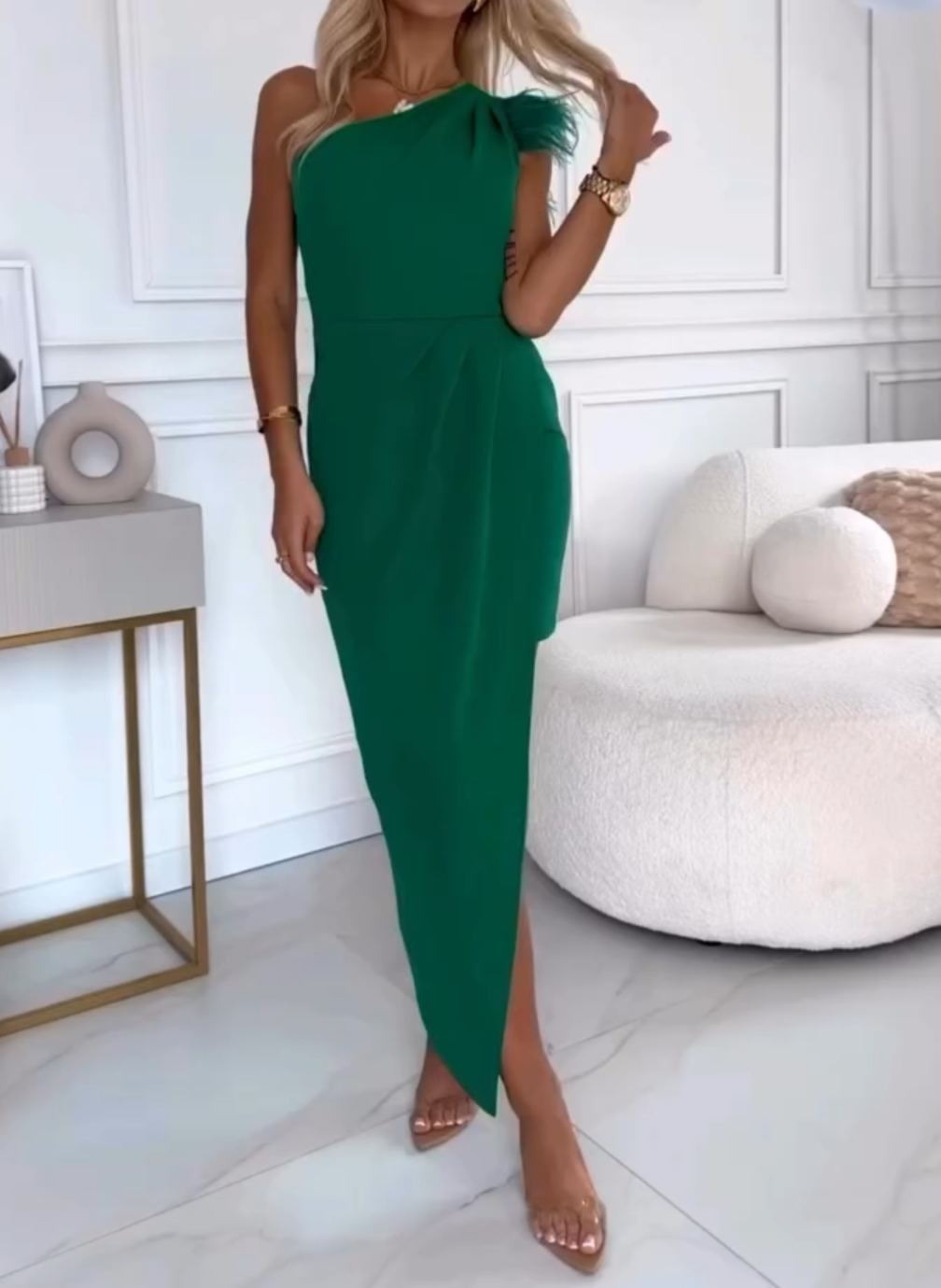 [Copy]Black Satin Maxi Dress with Feather Shoulder Detail & High Slit