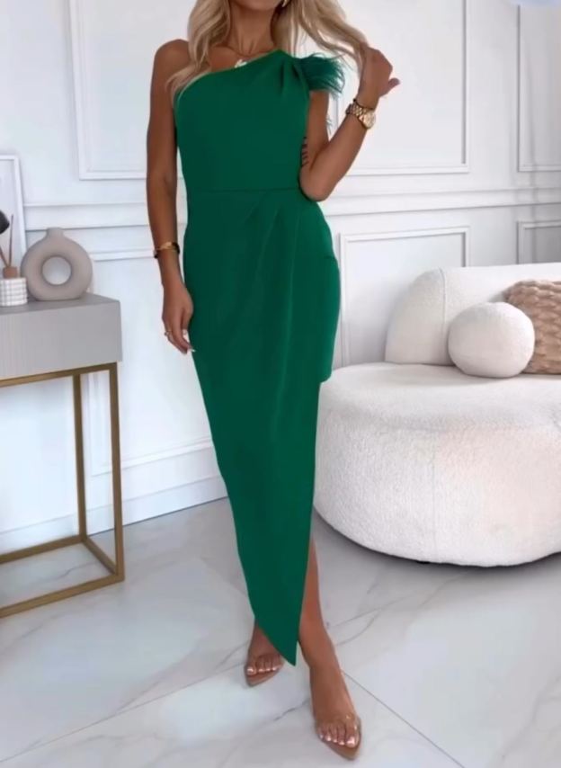 [Copy]Black Satin Maxi Dress with Feather Shoulder Detail & High Slit