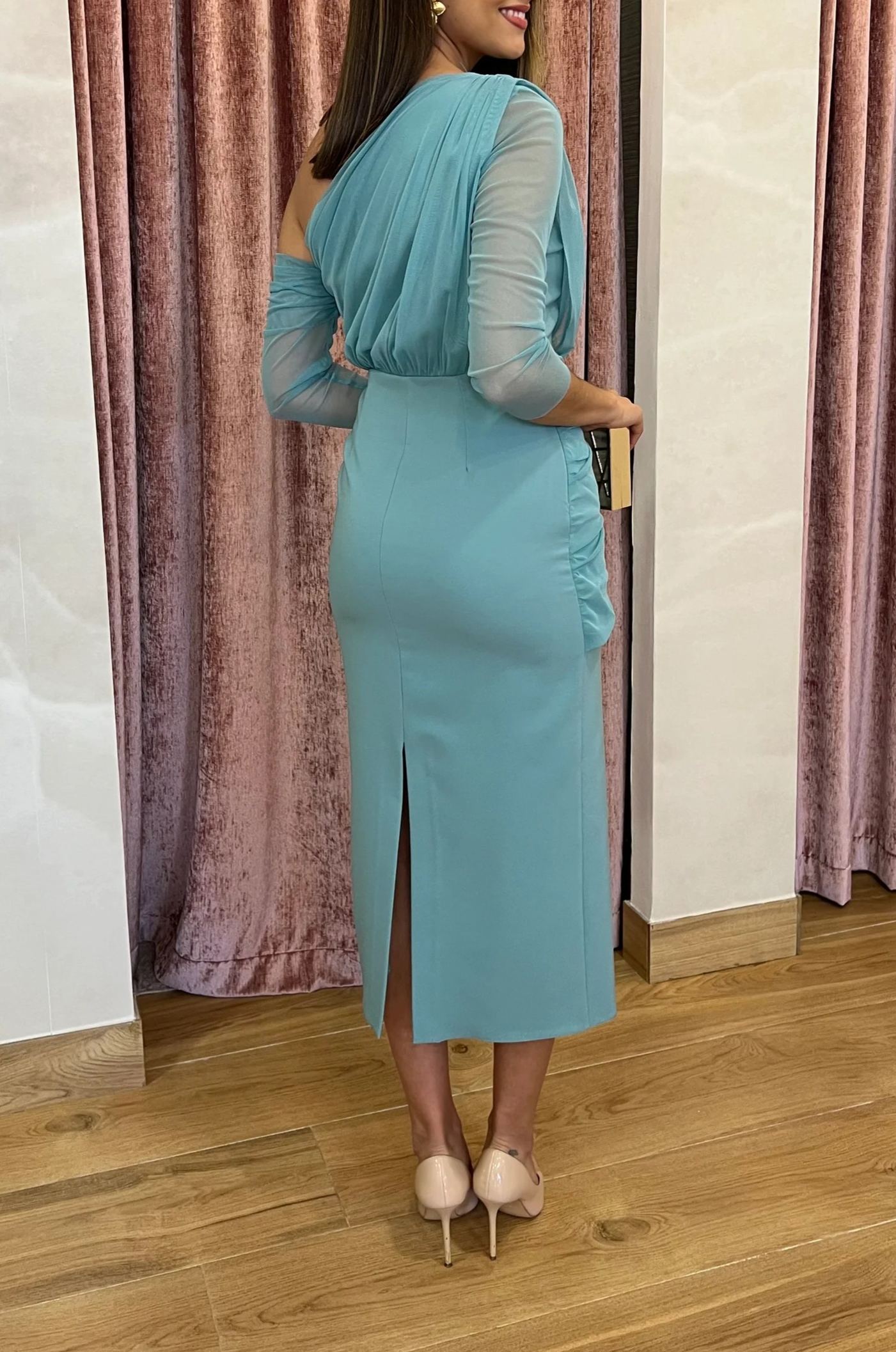 [Copy]Dusty Rose One-Shoulder Midi Dress with Sheer Mesh Sleeves & Ruched Waist