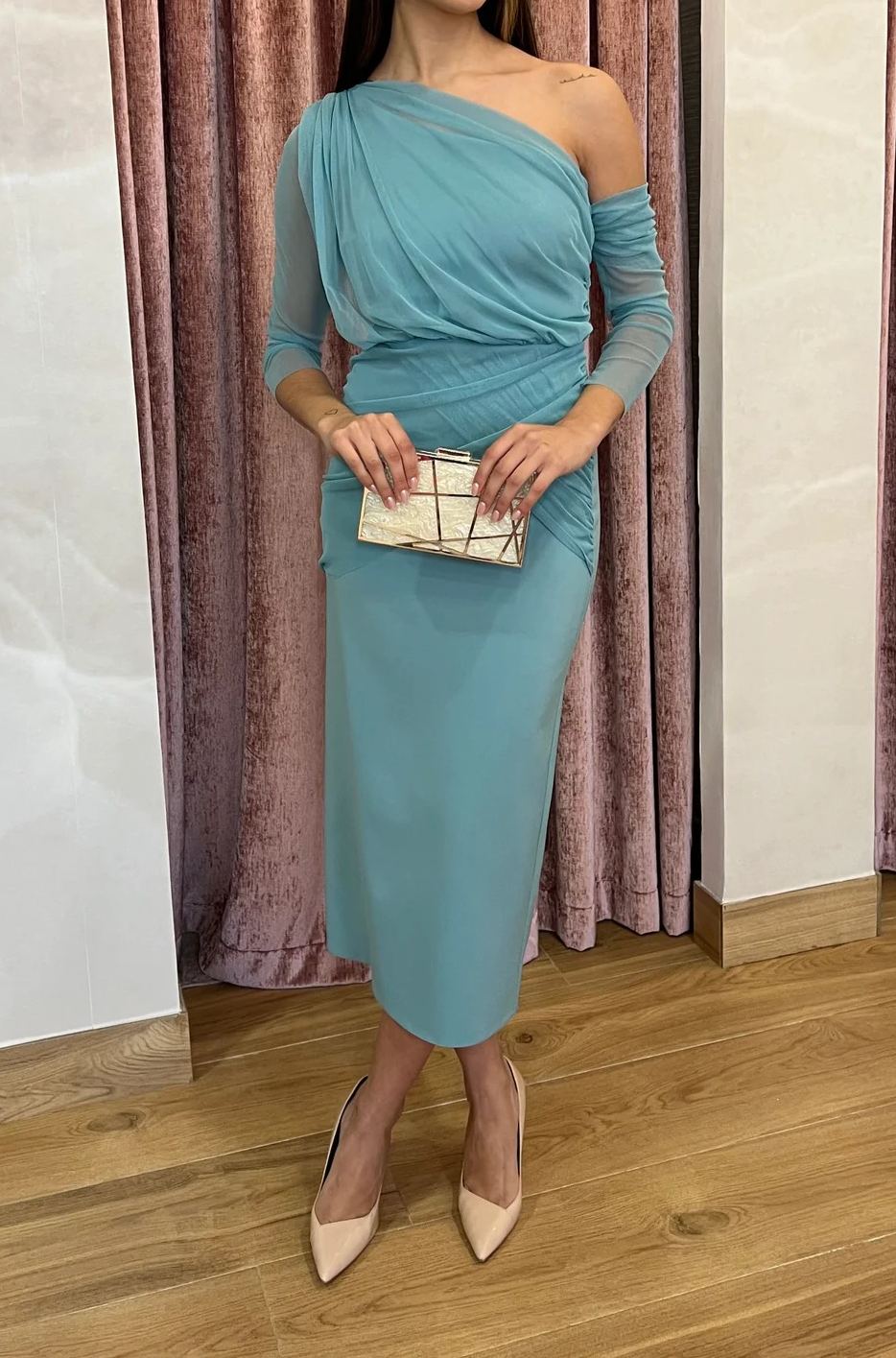 [Copy]Dusty Rose One-Shoulder Midi Dress with Sheer Mesh Sleeves & Ruched Waist