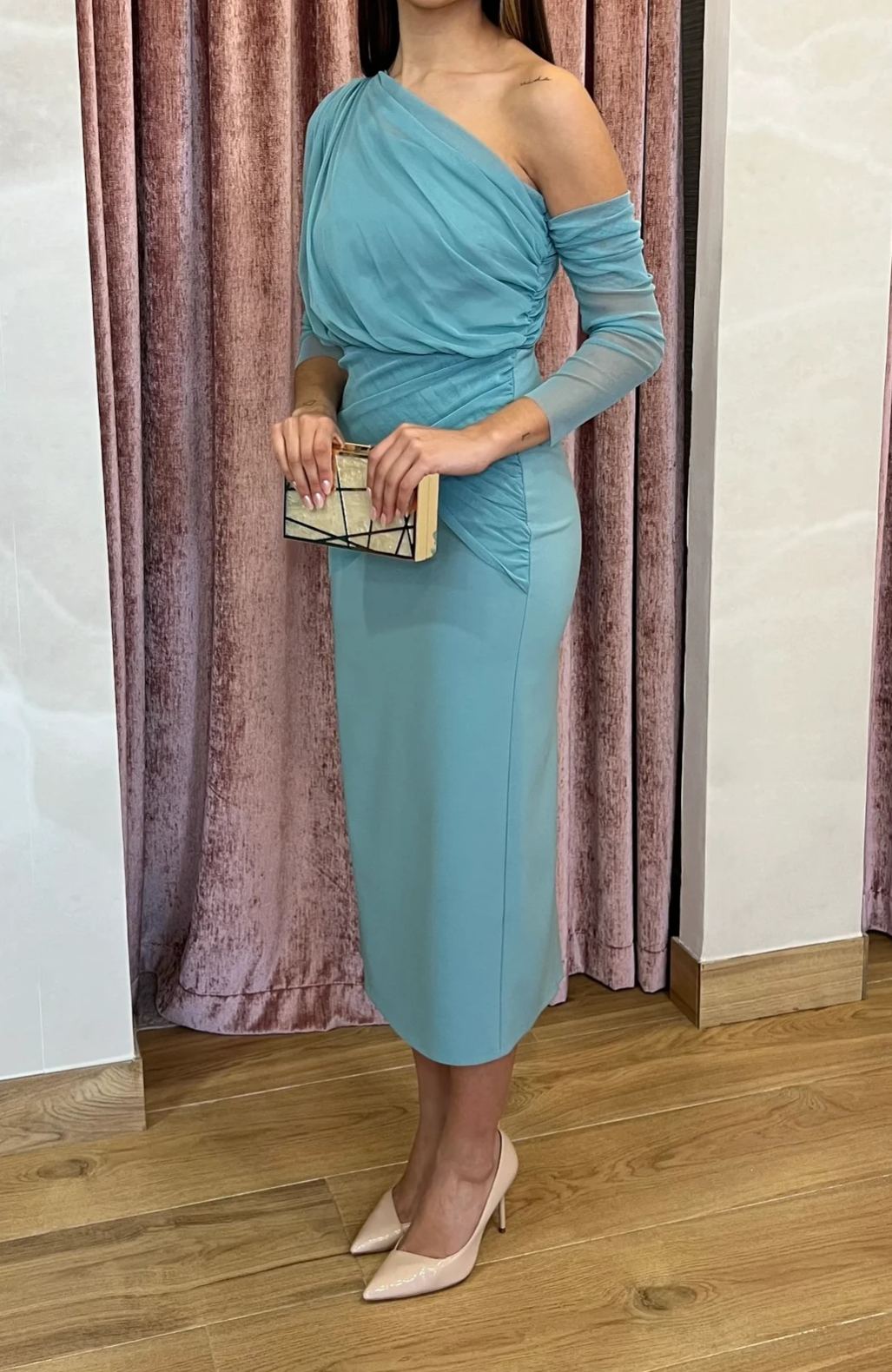 [Copy]Dusty Rose One-Shoulder Midi Dress with Sheer Mesh Sleeves & Ruched Waist