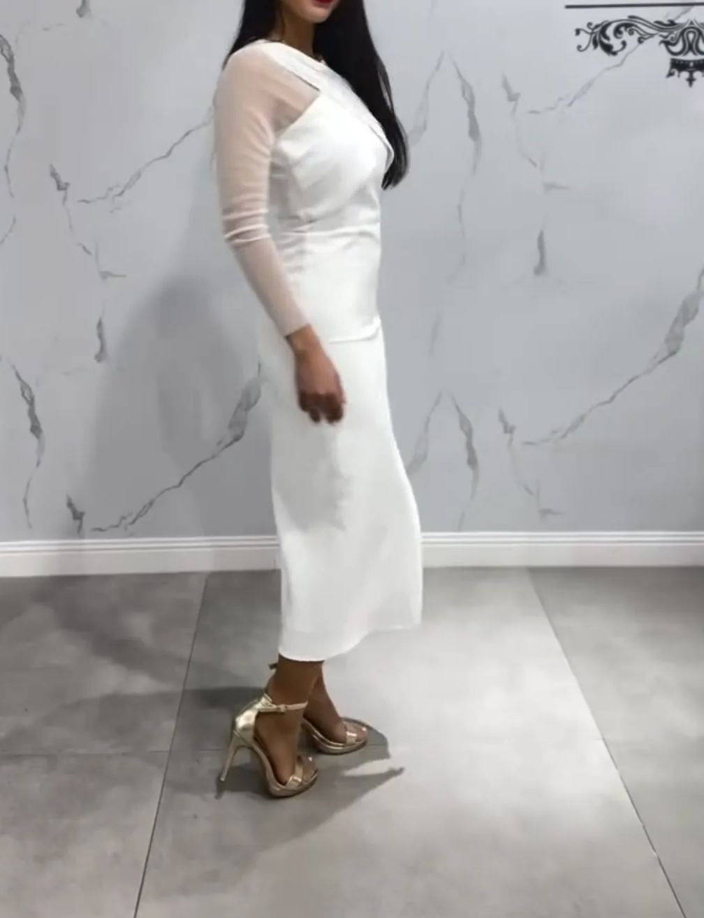 [Copy]Dusty Pink Chiffon Midi Dress with 3/4 Mesh Sleeves & Embellished Waist