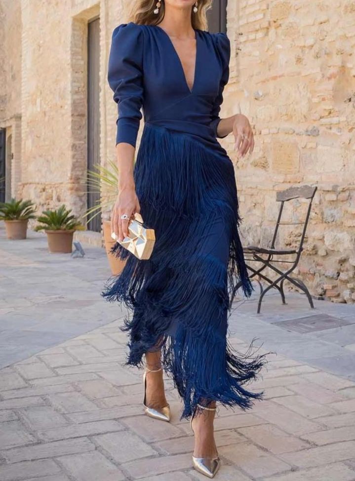 [Copy]Women's Black Two-Piece Set – Deep V-Neck Blouse & Tiered Ruffle Midi Skirt with Taupe Trim
