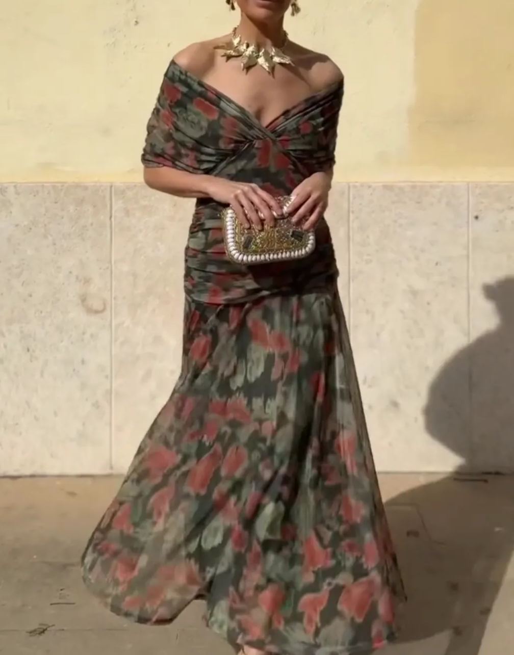 [Copy]Women's Navy Blue Fringe Midi Dress – Deep V-Neck Puffed Sleeve Formal Gown