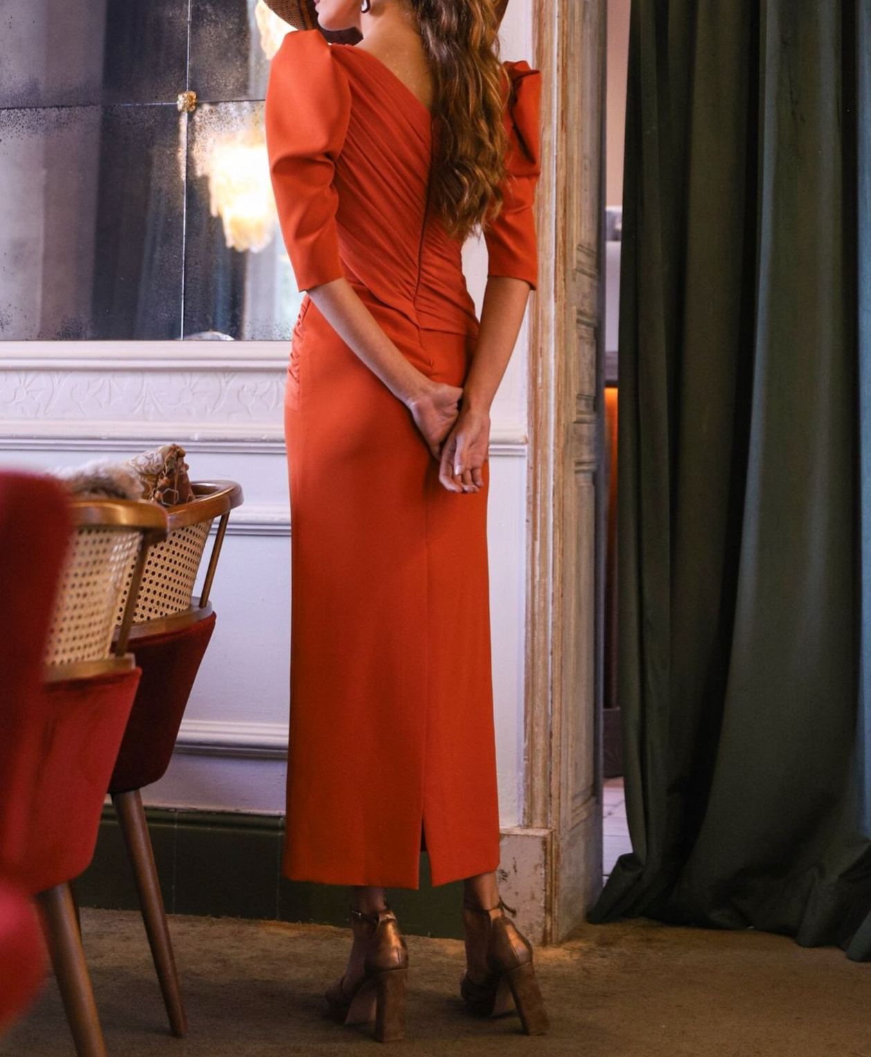 [Copy]Green & Red Floral Print Off-Shoulder Ruched Maxi Dress