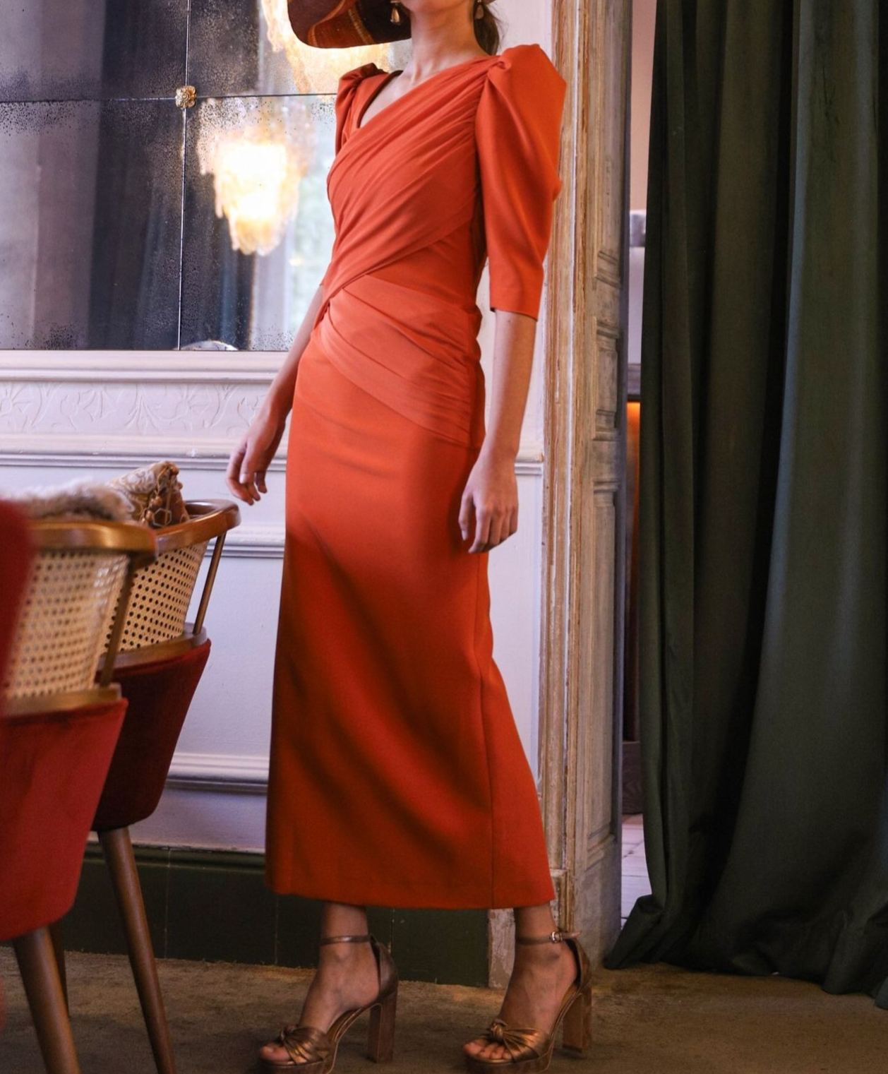 [Copy]Green & Red Floral Print Off-Shoulder Ruched Maxi Dress