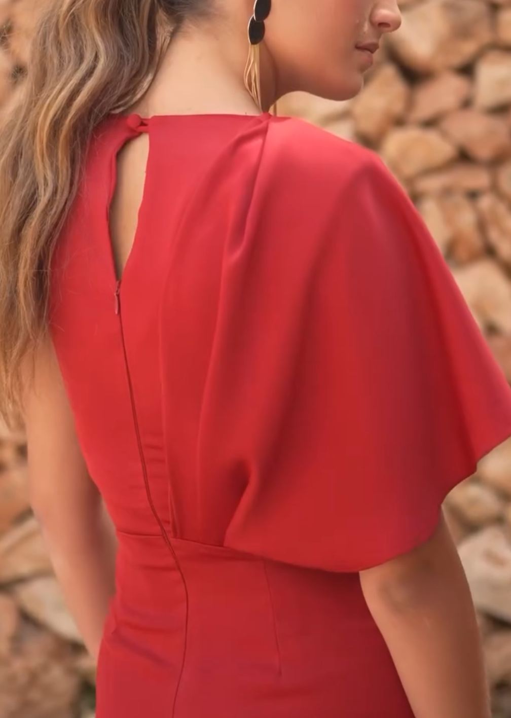 [Copy]Burnt Orange Asymmetric Draped Midi Dress with Puffed Sleeves